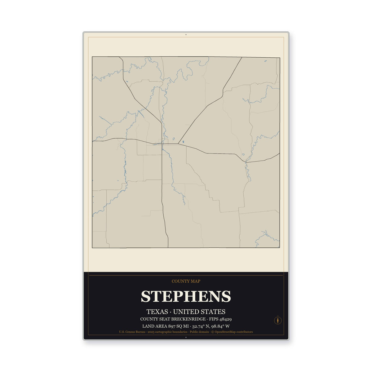 Stephens County, Texas Map Aluminum Sign in Museum Plaque style