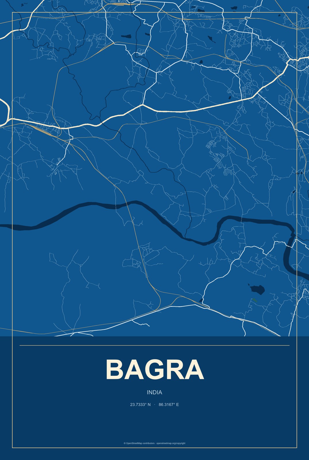Bagra, India City Map Aluminum Sign in Harbor Cobalt style