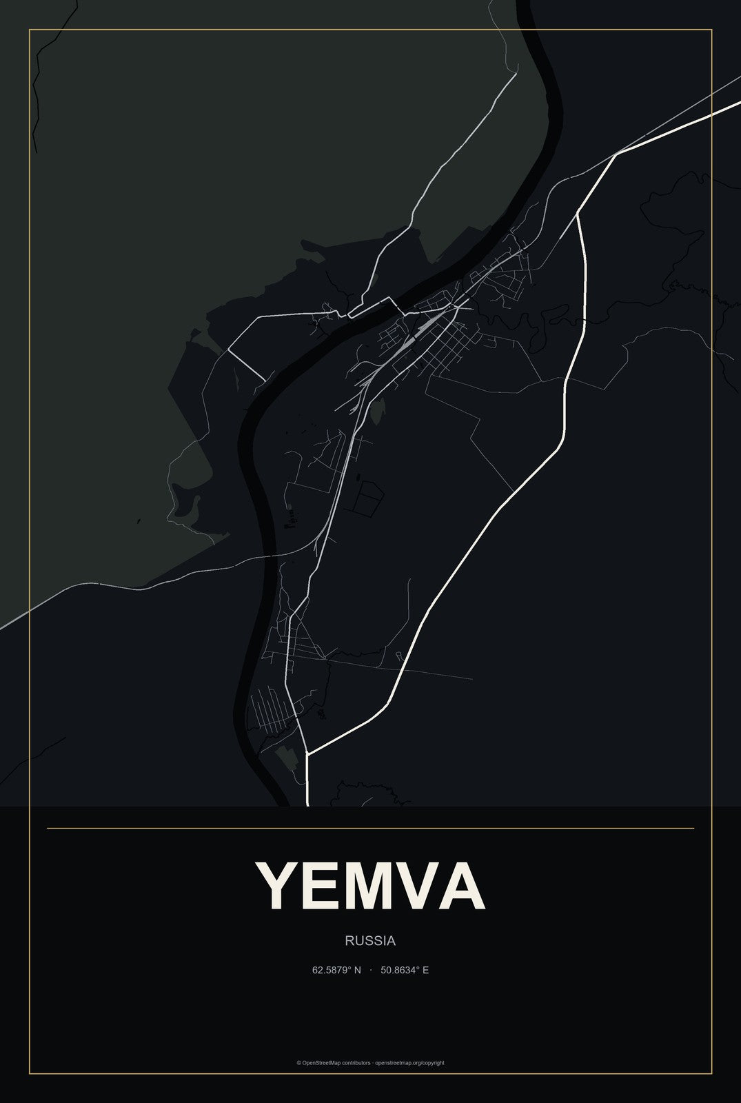 Yemva, Russia City Map Aluminum Sign in Metropolitan Noir style