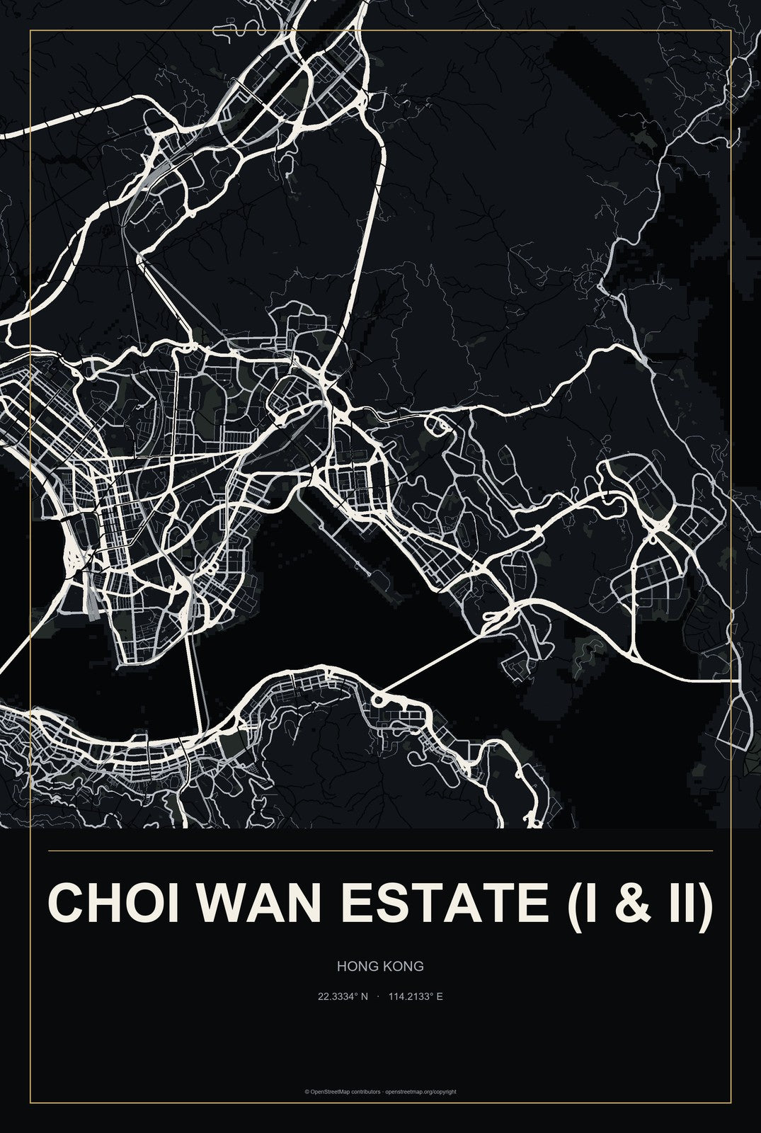 Choi Wan Estate (I & II), Hong Kong City Map Aluminum Sign in Metropolitan Noir style