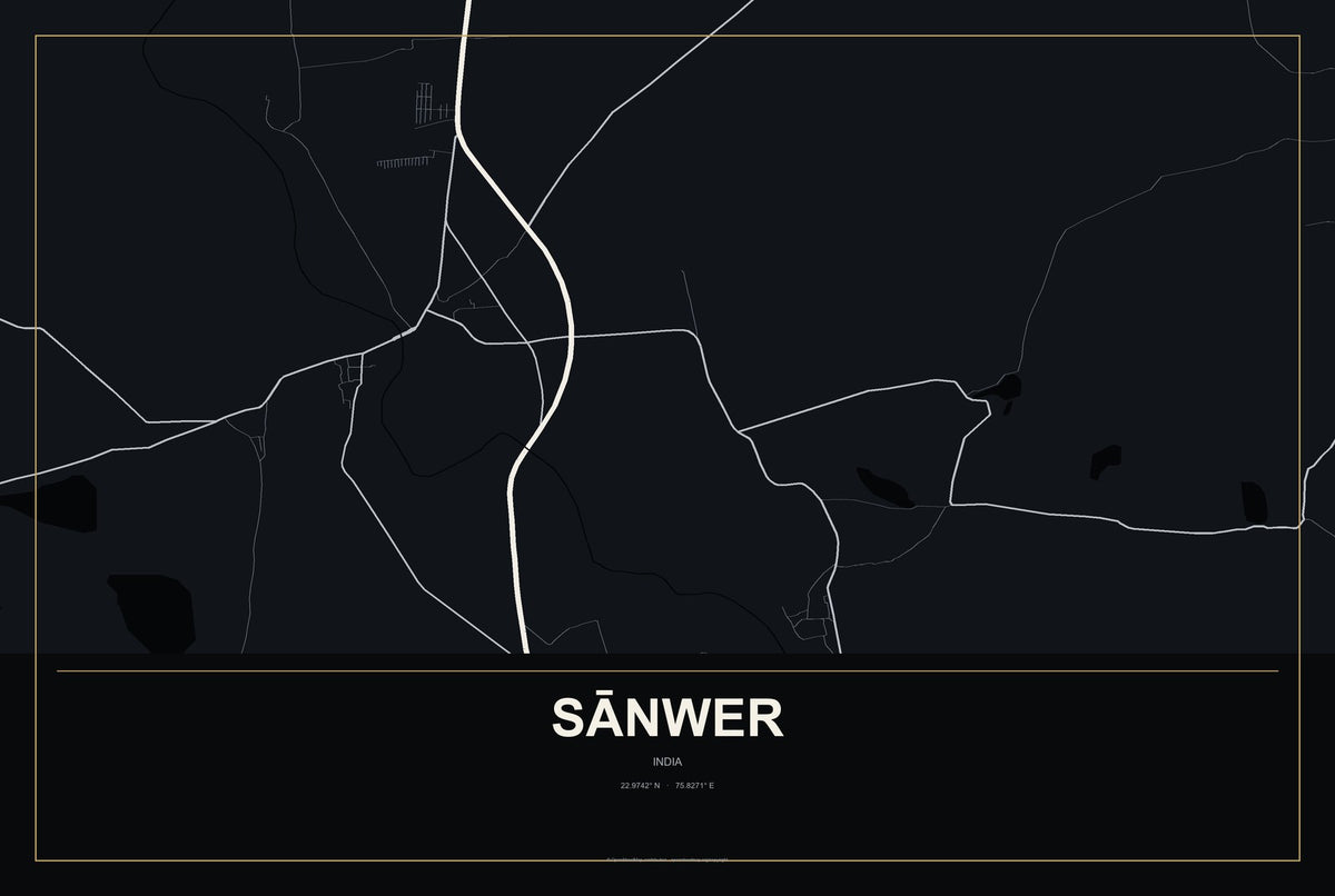 Sānwer, India City Map Aluminum Sign in Metropolitan Noir style