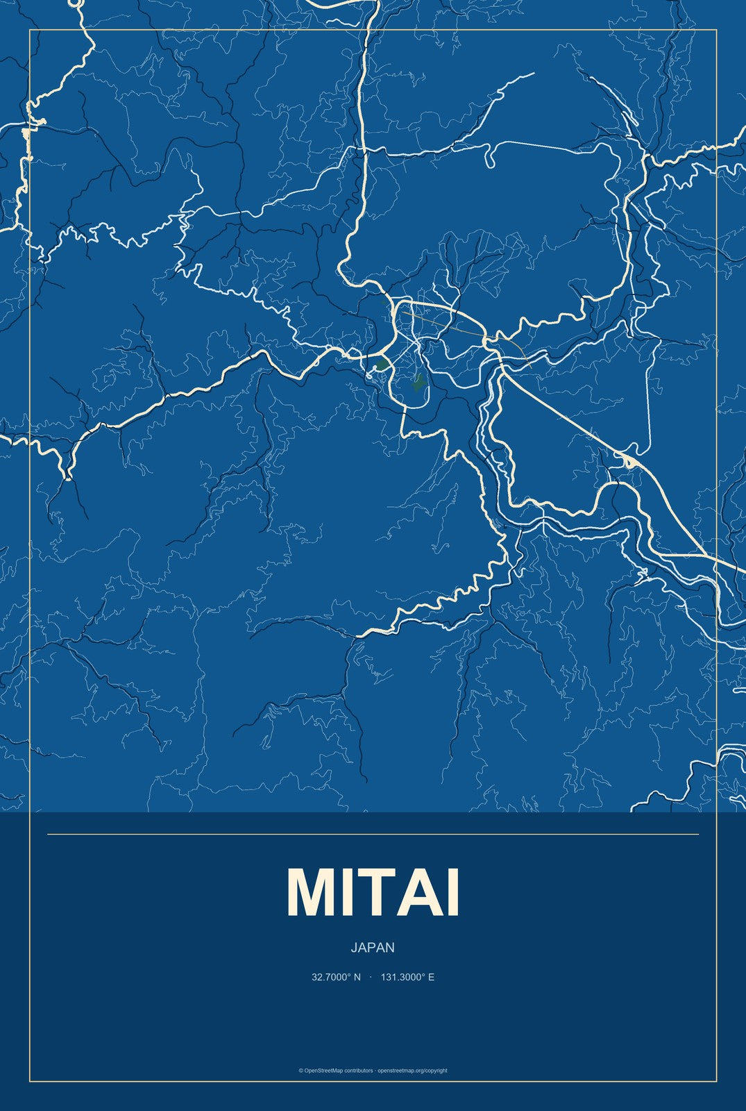 Mitai, Japan City Map Aluminum Sign in Harbor Cobalt style
