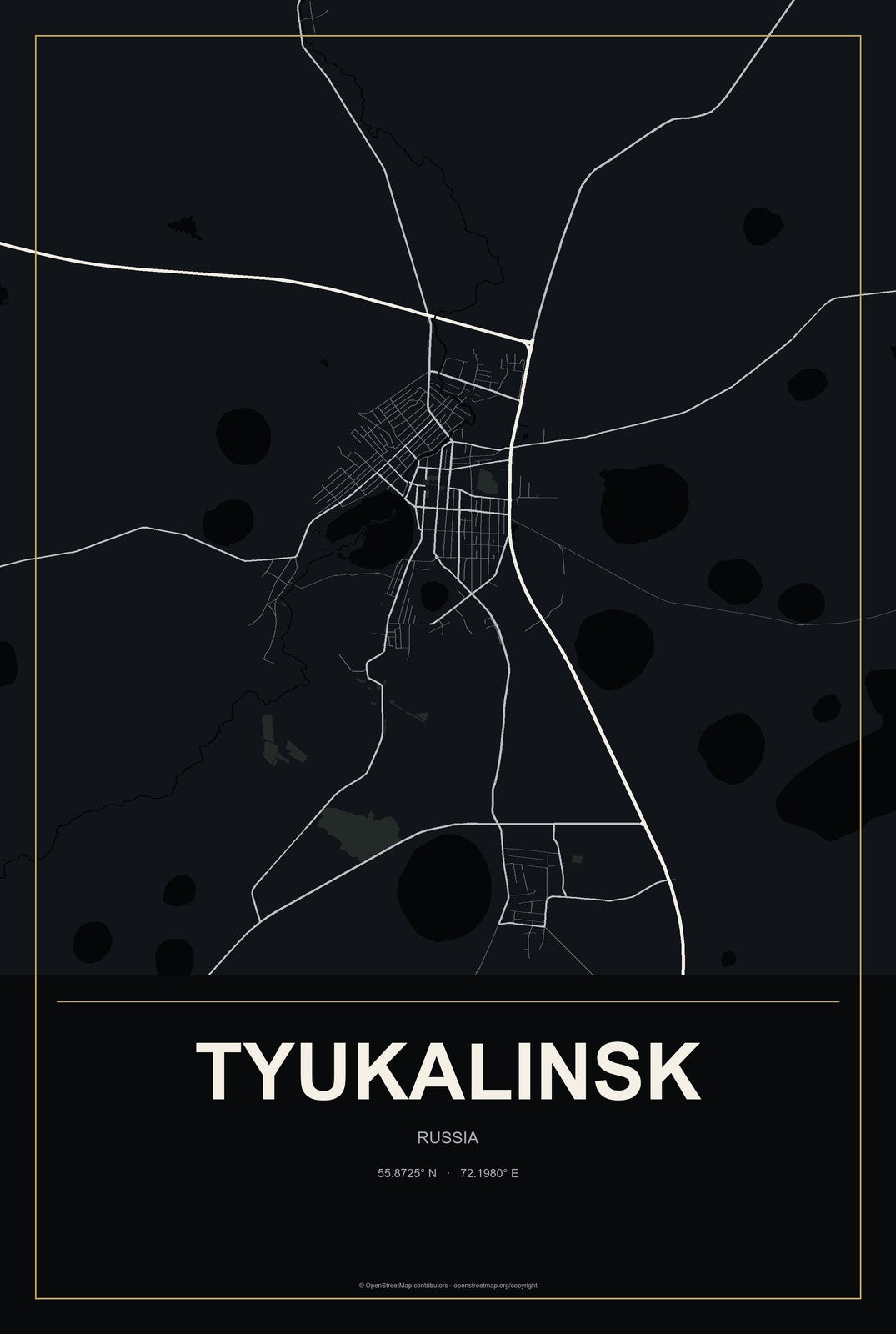 Tyukalinsk, Russia City Map Aluminum Sign in Metropolitan Noir style