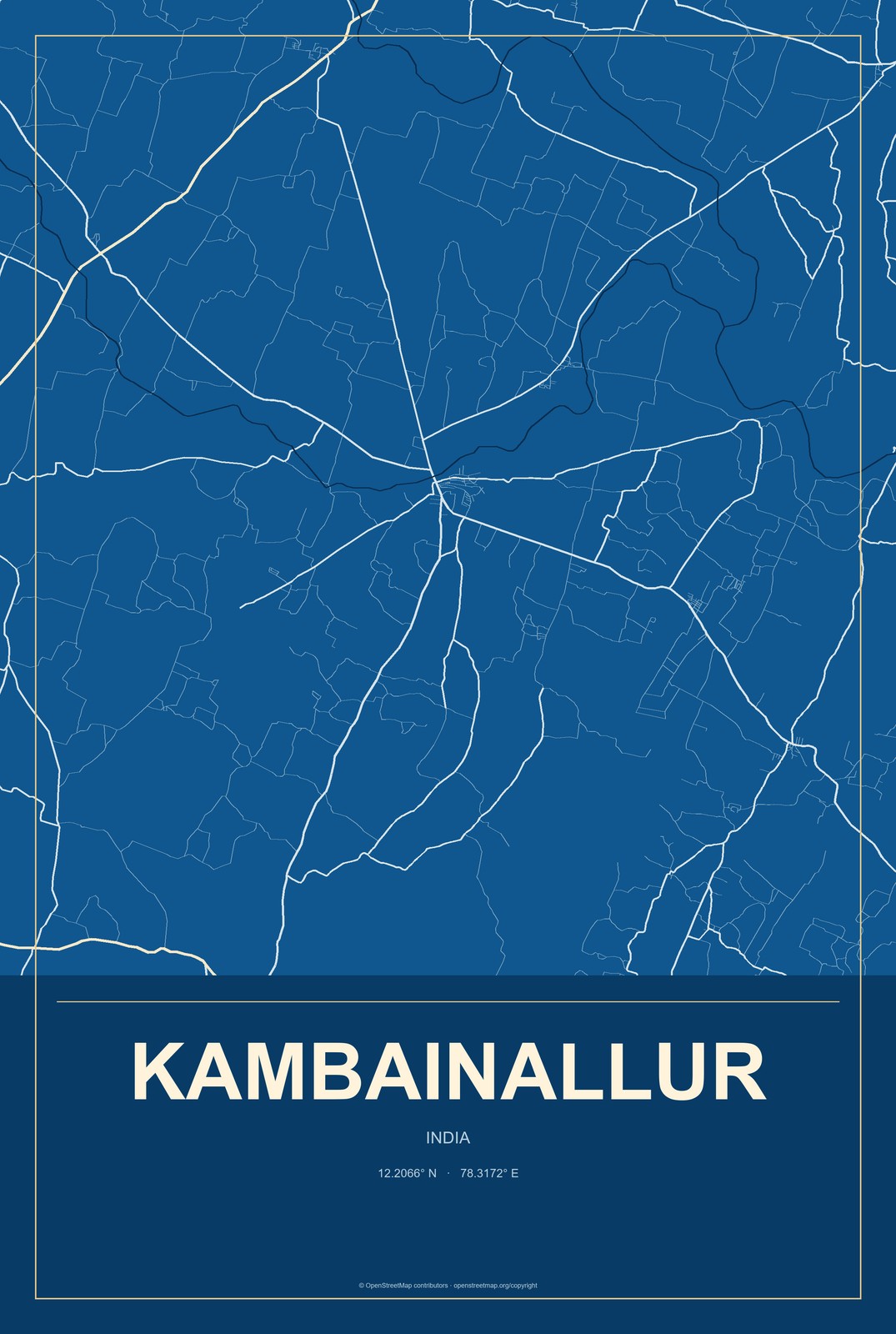 Kambainallur, India City Map Aluminum Sign in Harbor Cobalt style