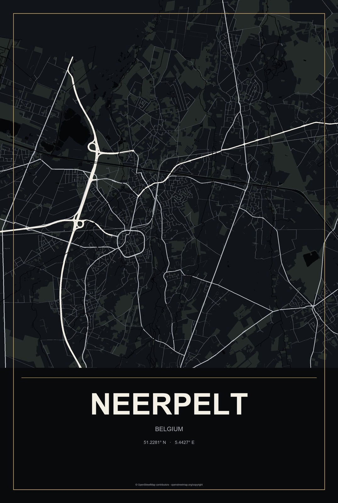 Neerpelt, Belgium City Map Aluminum Sign in Metropolitan Noir style