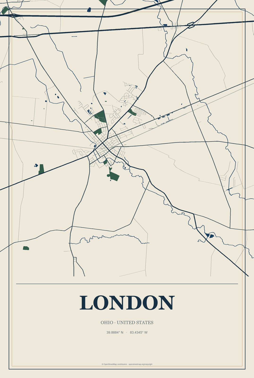 London, Ohio City Map Aluminum Sign in Coastal Cutout style