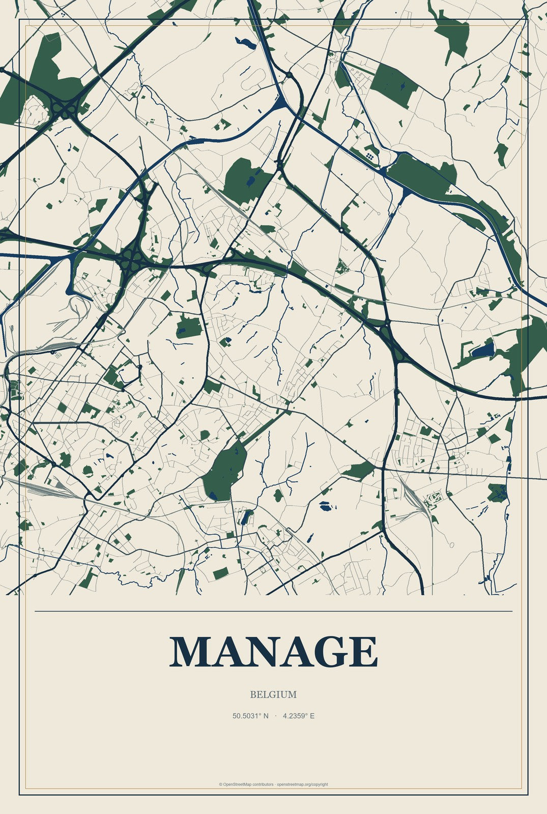 Manage, Belgium City Map Aluminum Sign in Coastal Cutout style
