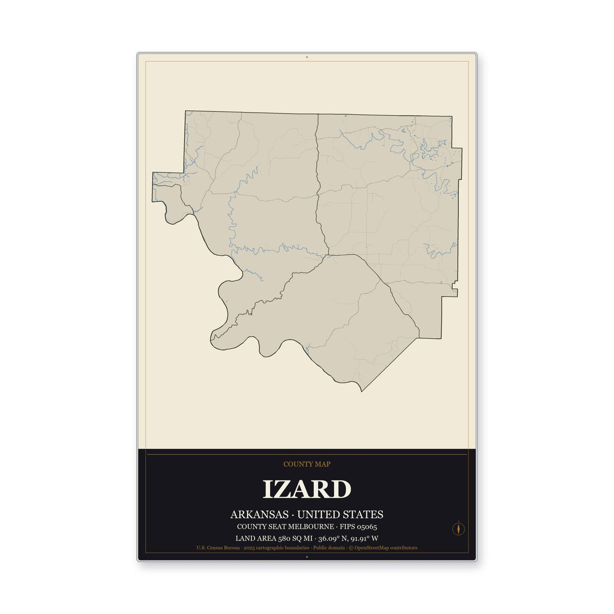 Izard County, Arkansas Map Aluminum Sign in Museum Plaque style