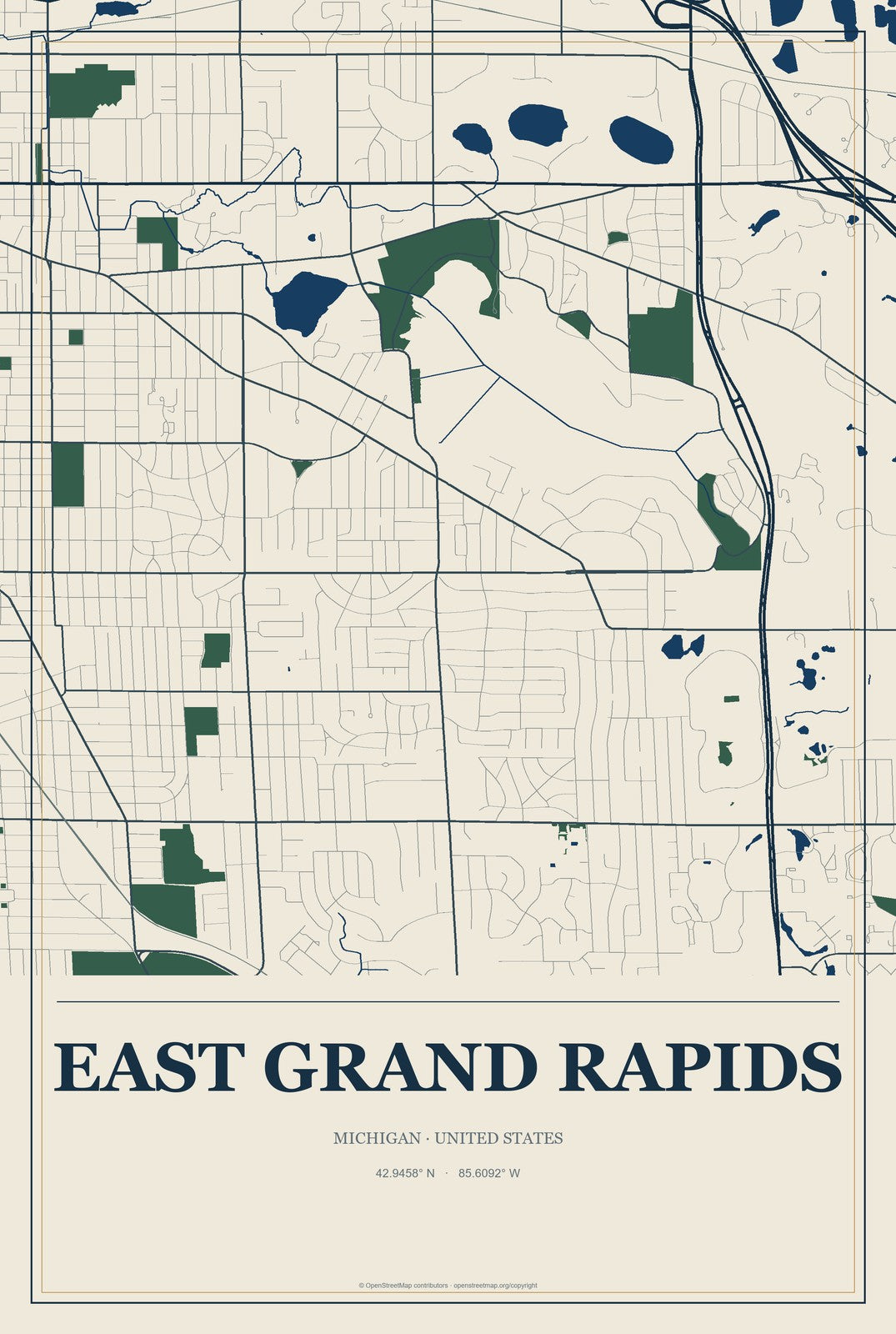 East Grand Rapids, Michigan City Map Aluminum Sign in Coastal Cutout style