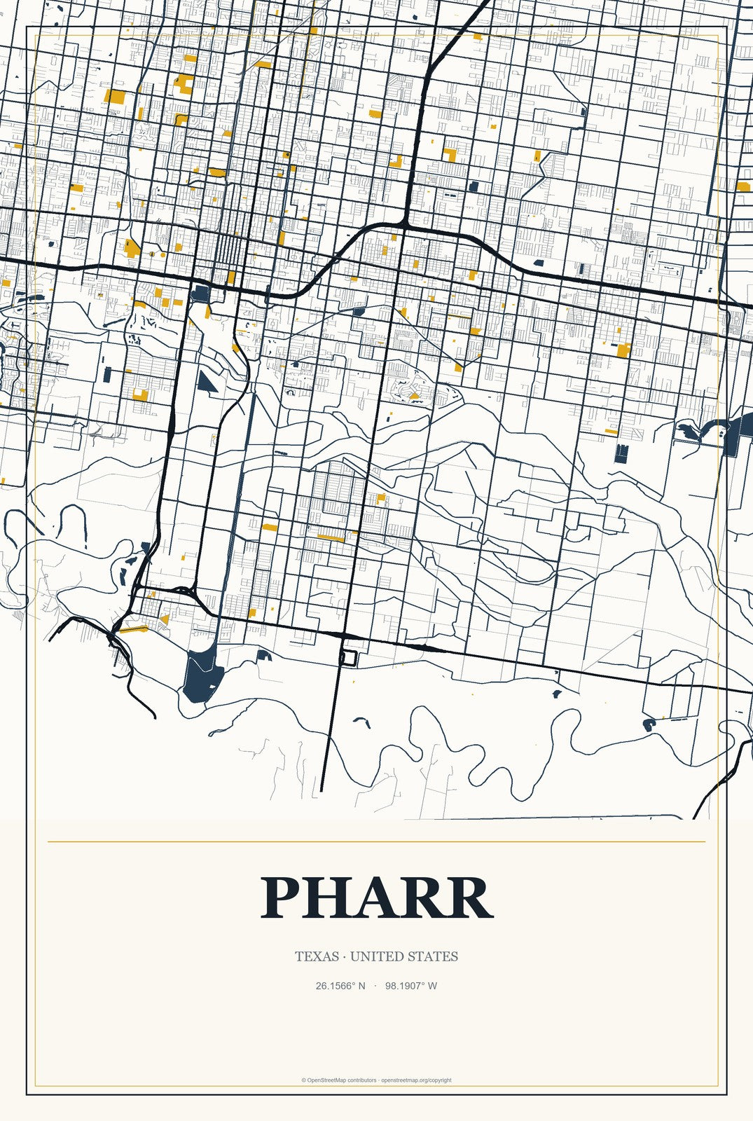 Pharr, Texas City Map Aluminum Sign in Citrine Modern style