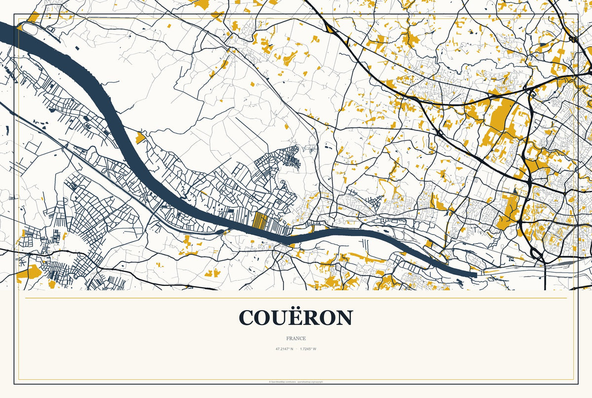 Couëron, France City Map Aluminum Sign in Citrine Modern style