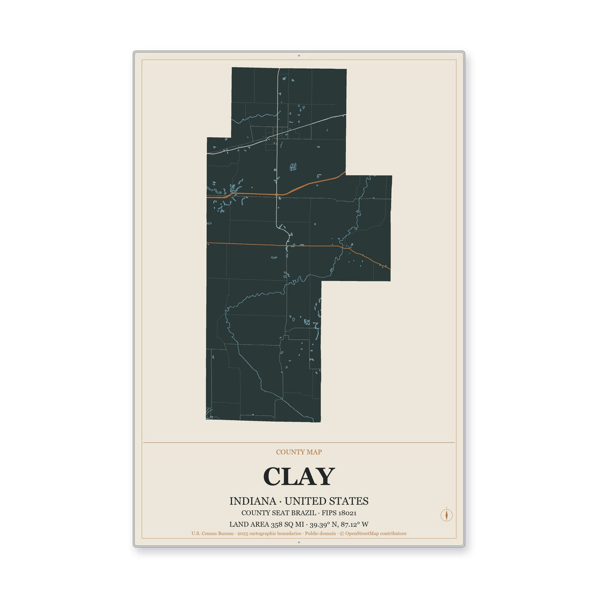 Clay County, Indiana Map Aluminum Sign in Headline Atlas style