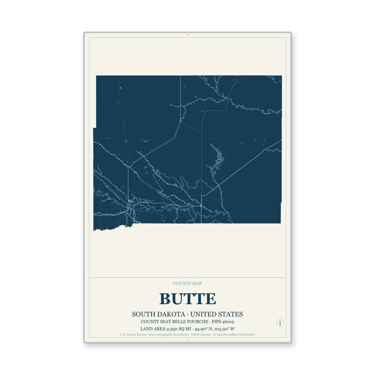 Butte County, South Dakota Map Aluminum Sign in Coastal Cutout style