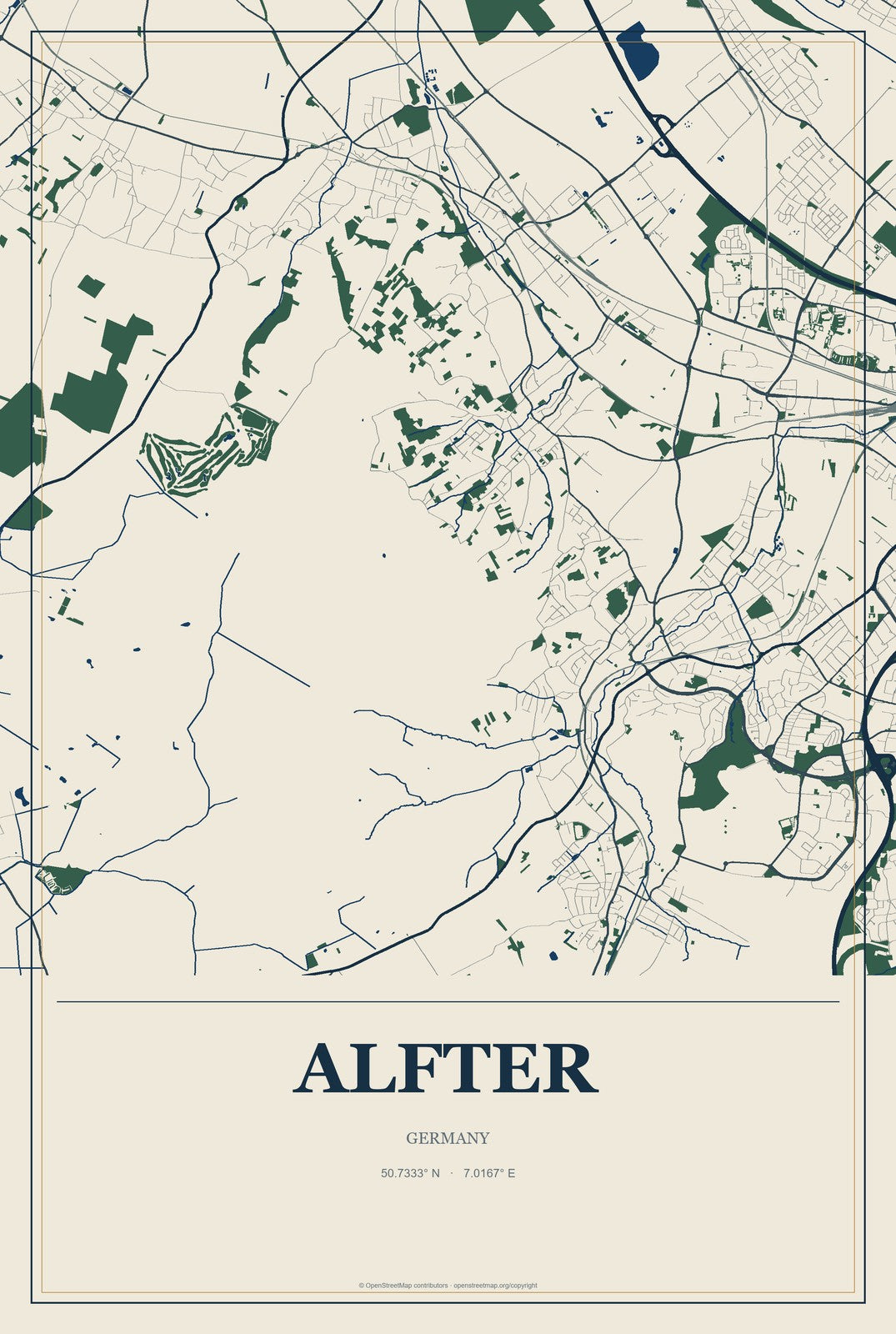 Alfter, Germany City Map Aluminum Sign in Coastal Cutout style