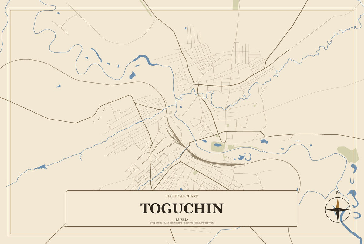 Toguchin, Russia City Map Aluminum Sign in Heritage Nautical style