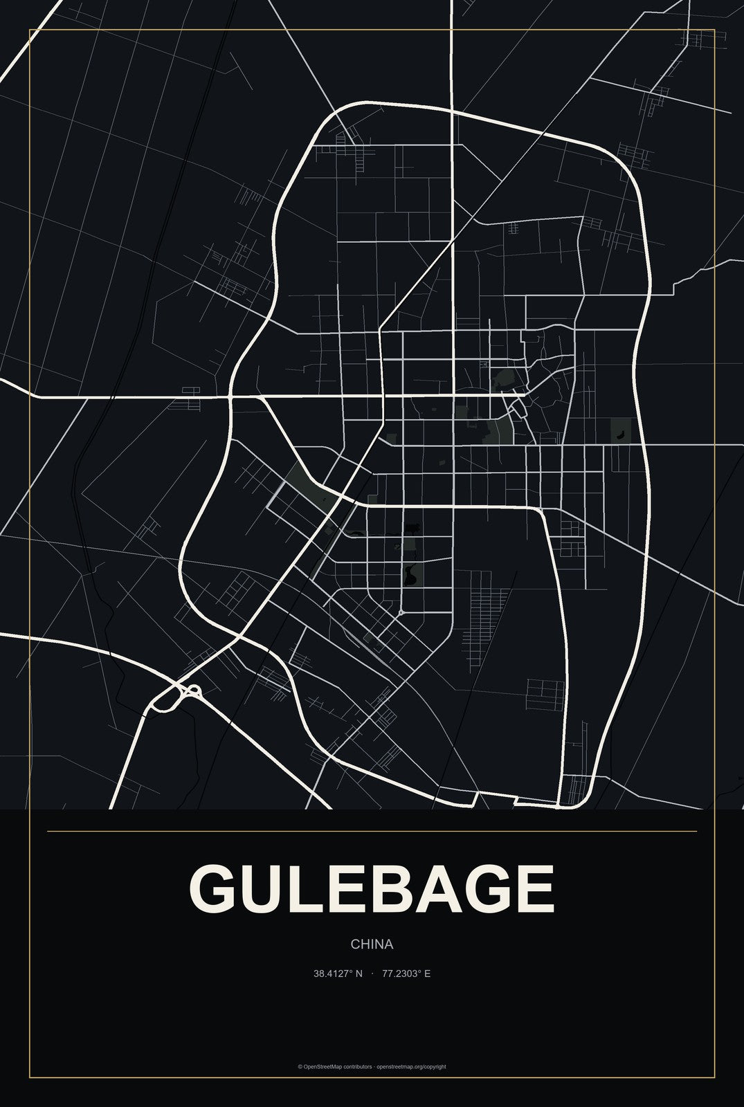 Gulebage, China City Map Aluminum Sign in Metropolitan Noir style