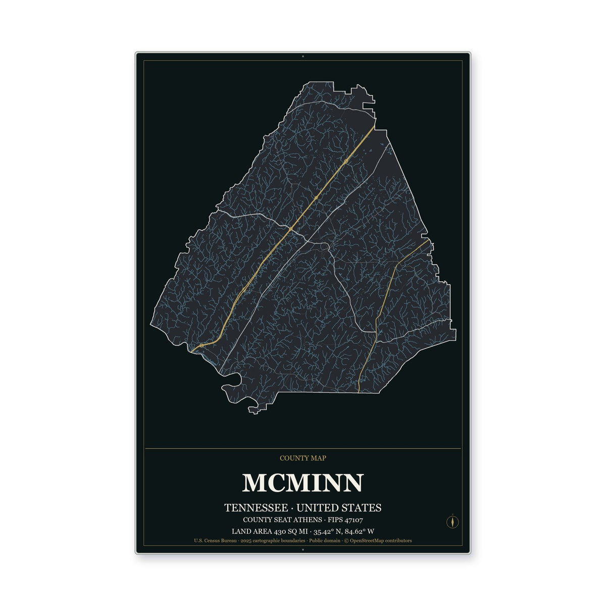 McMinn County, Tennessee Map Aluminum Sign in Metropolitan Noir style