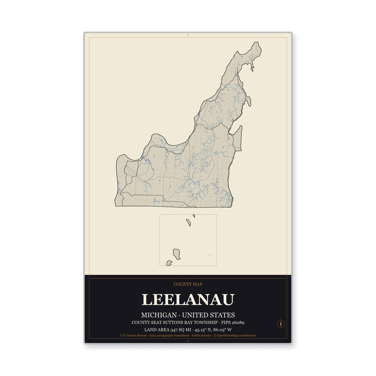 Leelanau County, Michigan Map Aluminum Sign in Museum Plaque style