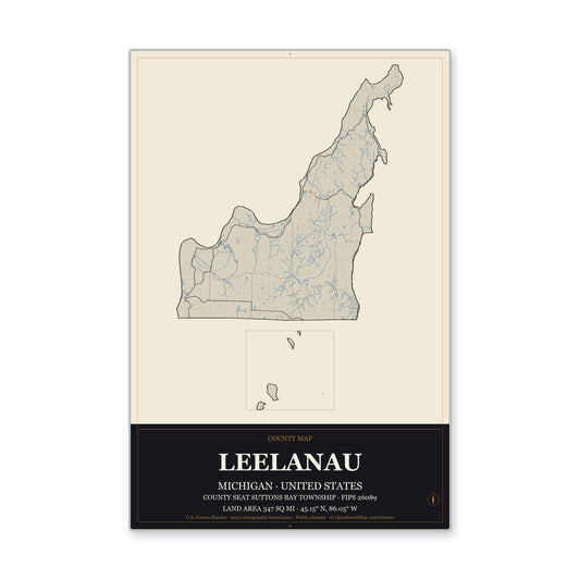 Leelanau County, Michigan Map Aluminum Sign in Museum Plaque style