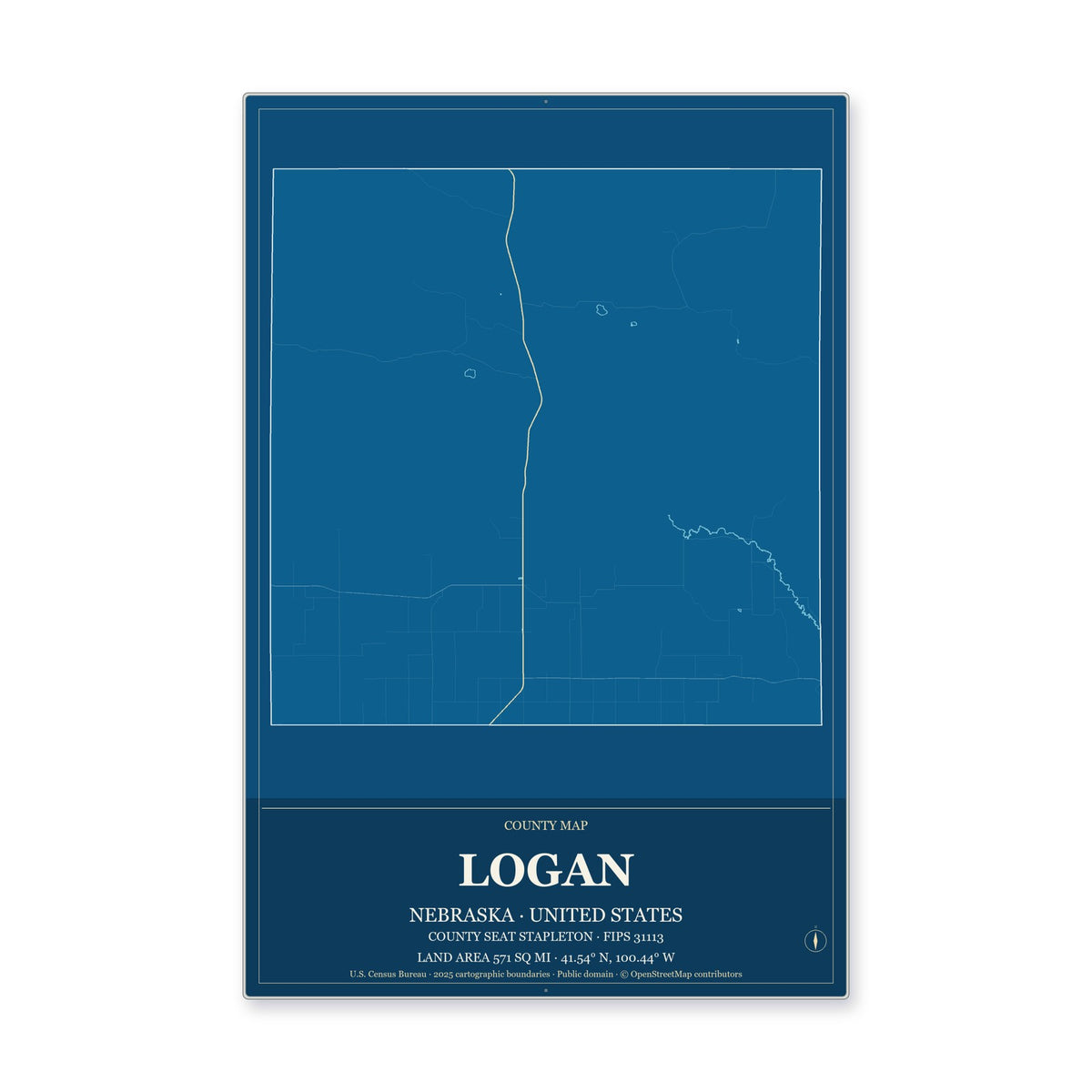 Logan County, Nebraska Map Aluminum Sign in Harbor Cobalt style