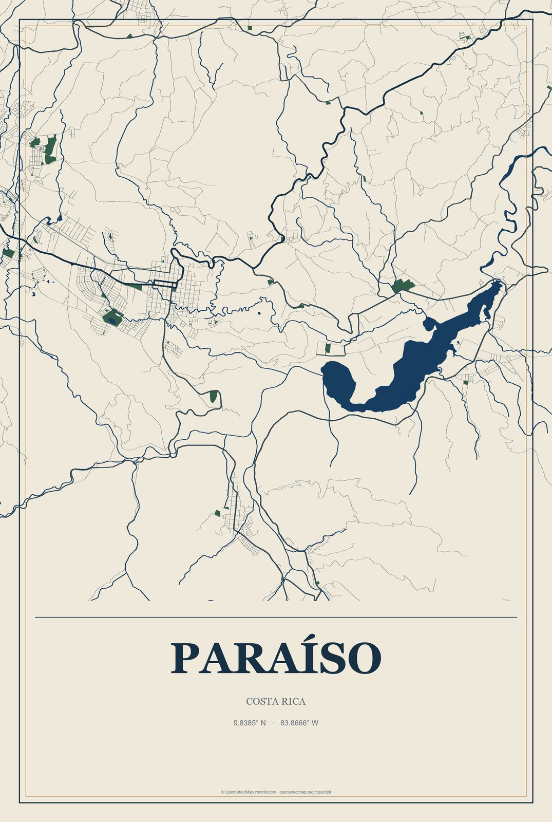 Paraíso, Costa Rica City Map Aluminum Sign in Coastal Cutout style