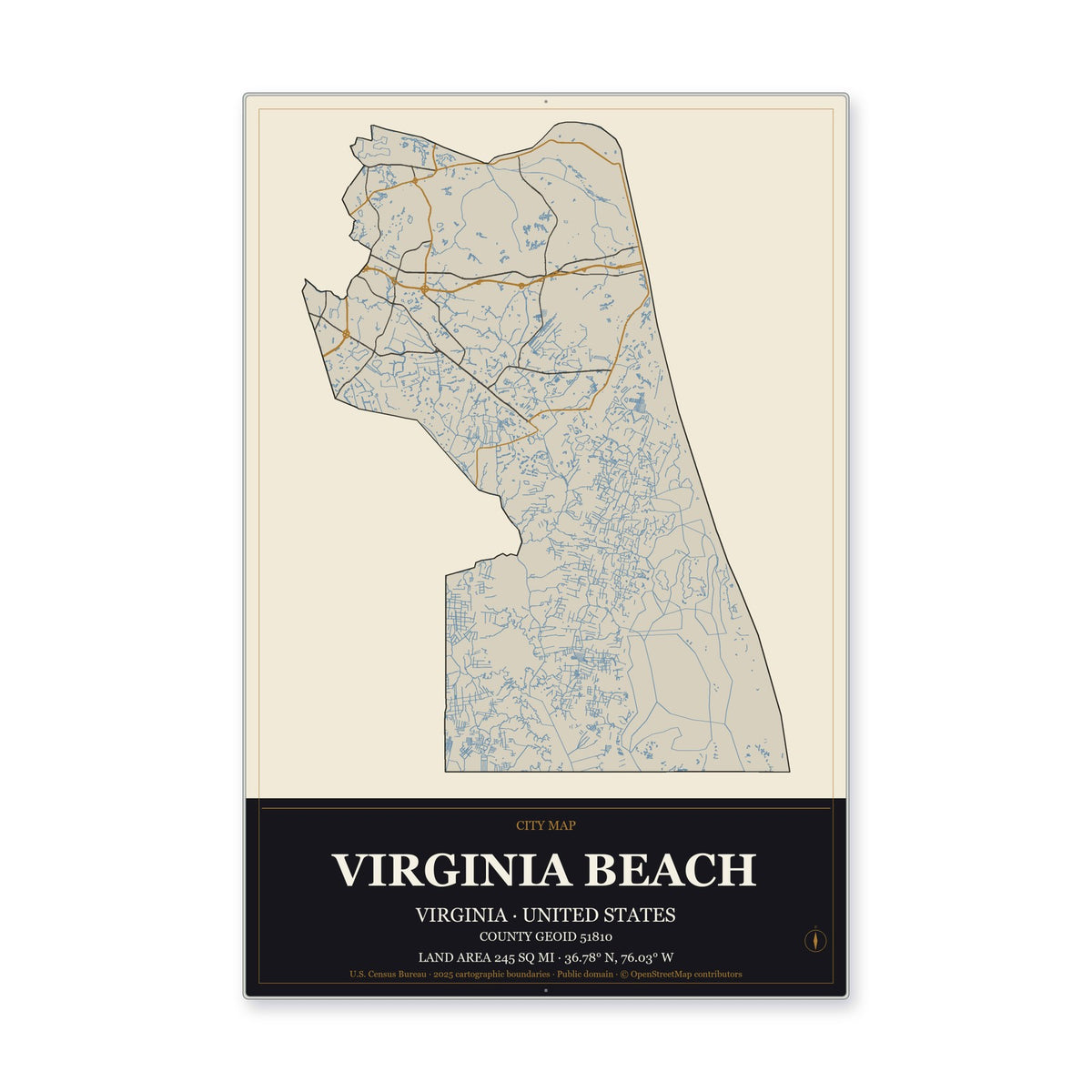 Virginia Beach city, Virginia Map Aluminum Sign in Museum Plaque style