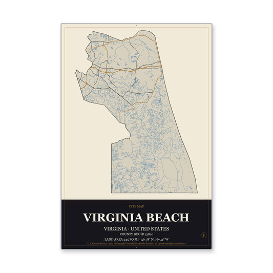 Virginia Beach city, Virginia Map Aluminum Sign in Museum Plaque style
