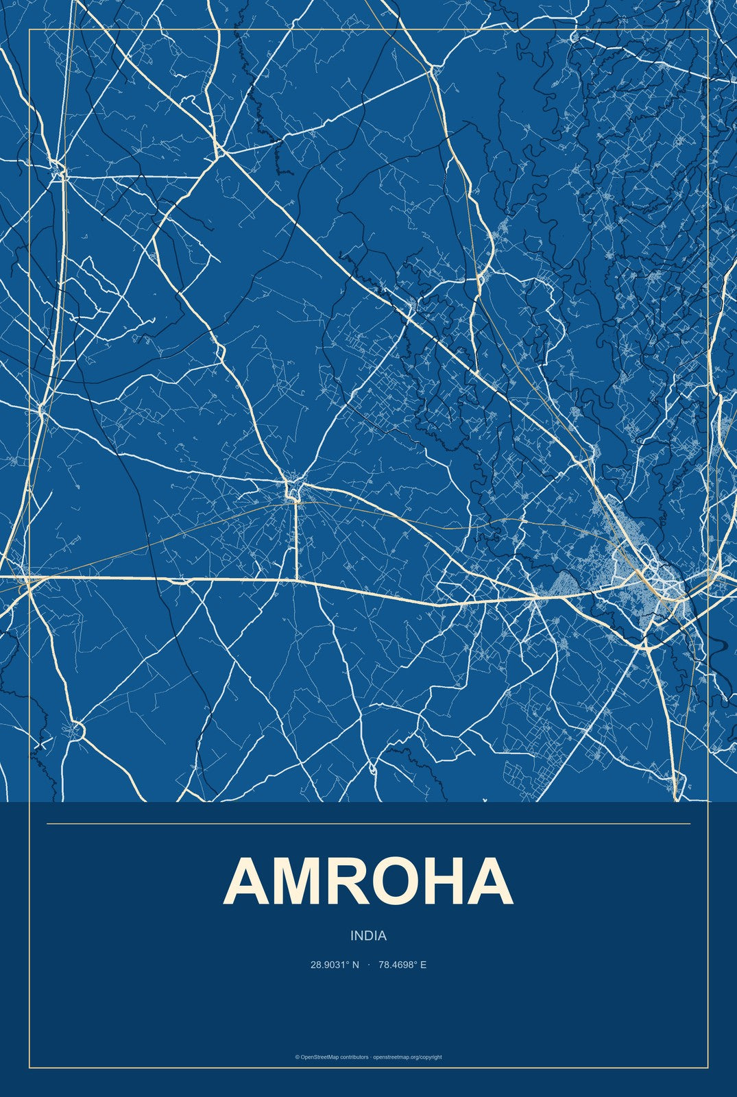 Amroha, India City Map Aluminum Sign in Harbor Cobalt style