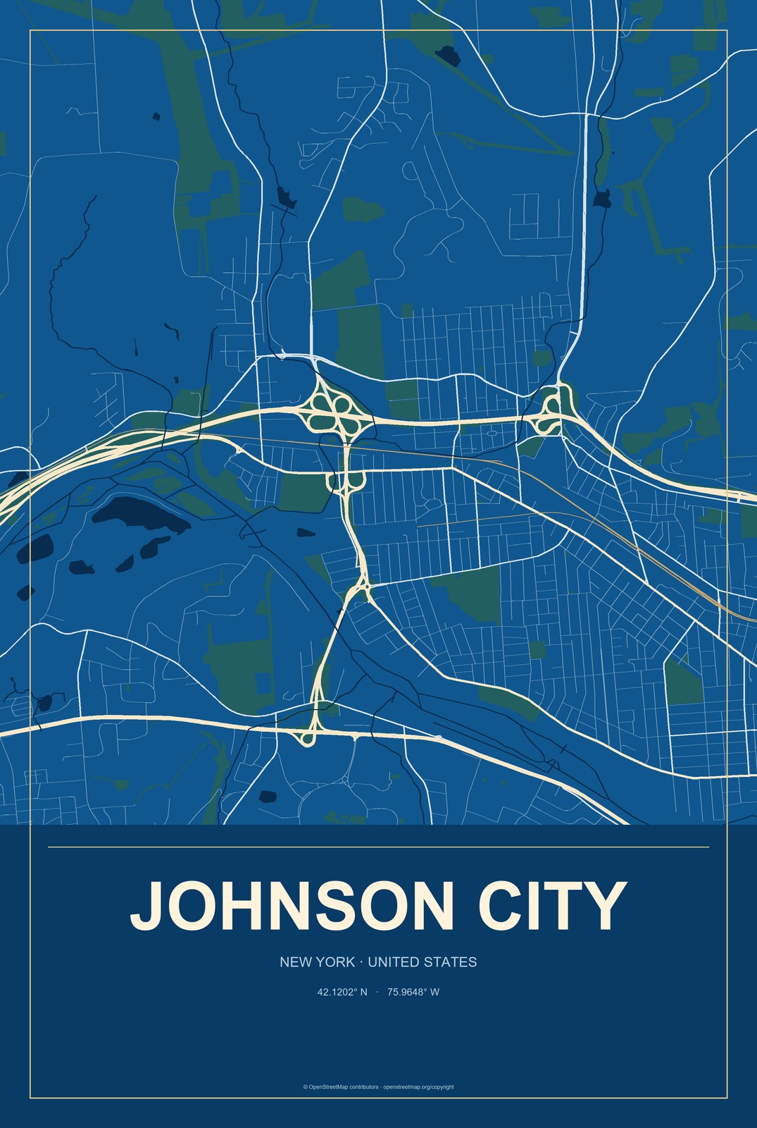 Johnson City, New York City Map Aluminum Sign in Harbor Cobalt style