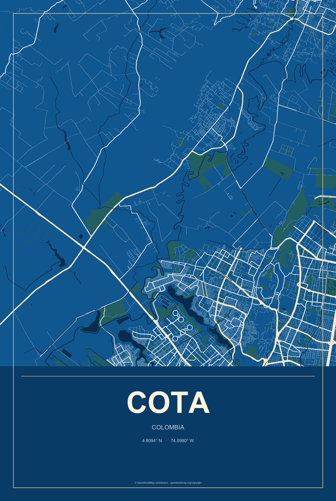 Cota, Colombia City Map Aluminum Sign in Harbor Cobalt style