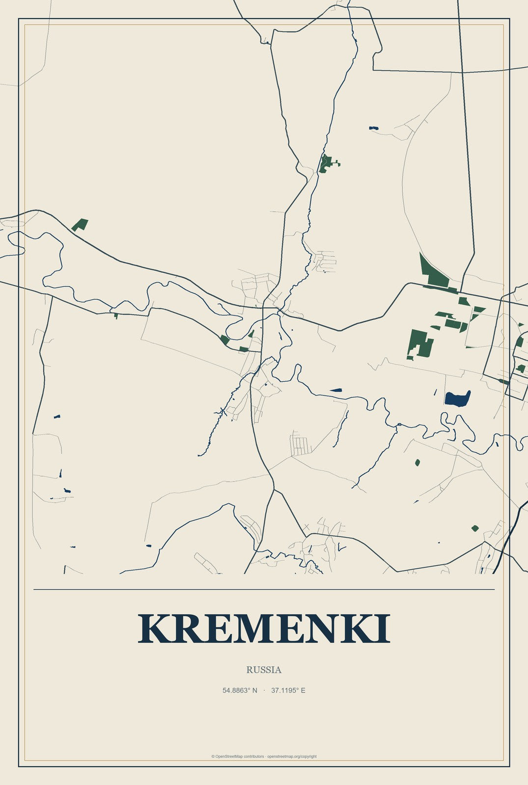 Kremenki, Russia City Map Aluminum Sign in Coastal Cutout style