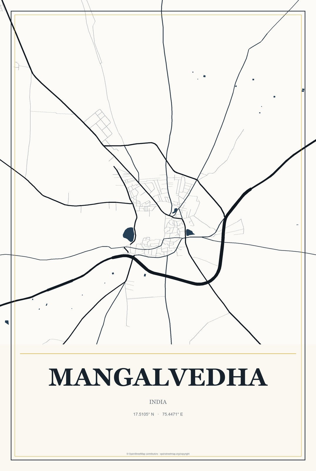 Mangalvedha, India City Map Aluminum Sign in Citrine Modern style