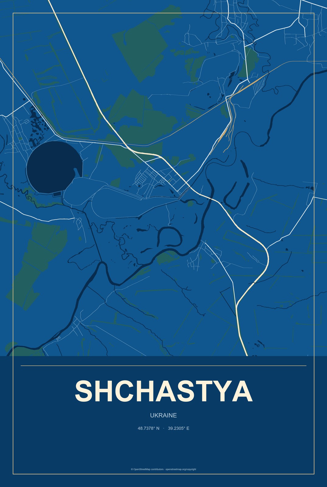 Shchastya, Ukraine City Map Aluminum Sign in Harbor Cobalt style