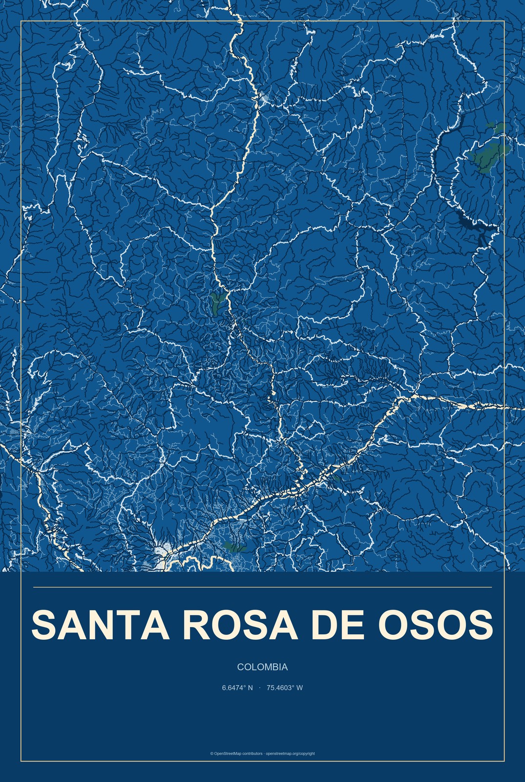 Santa Rosa de Osos, Colombia City Map Aluminum Sign in Harbor Cobalt style