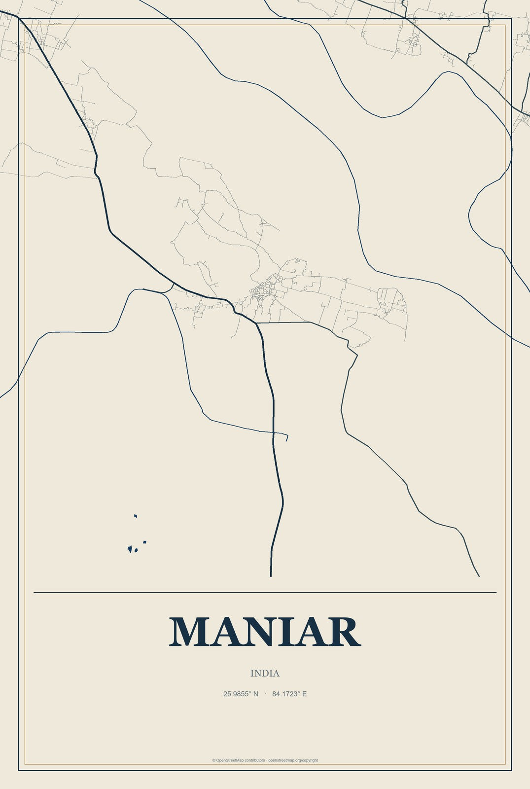 Maniar, India City Map Aluminum Sign in Coastal Cutout style