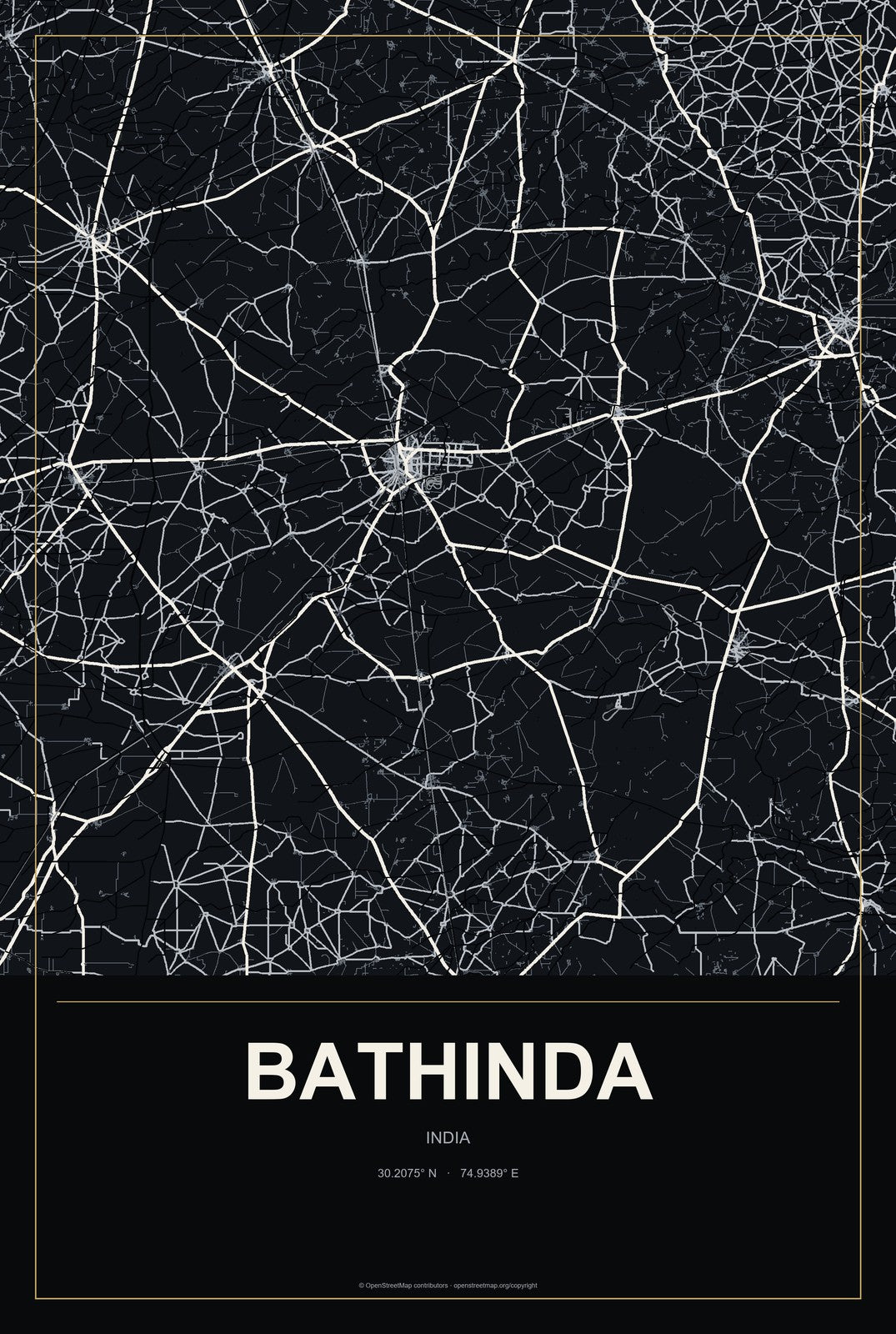 Bathinda, India City Map Aluminum Sign in Metropolitan Noir style