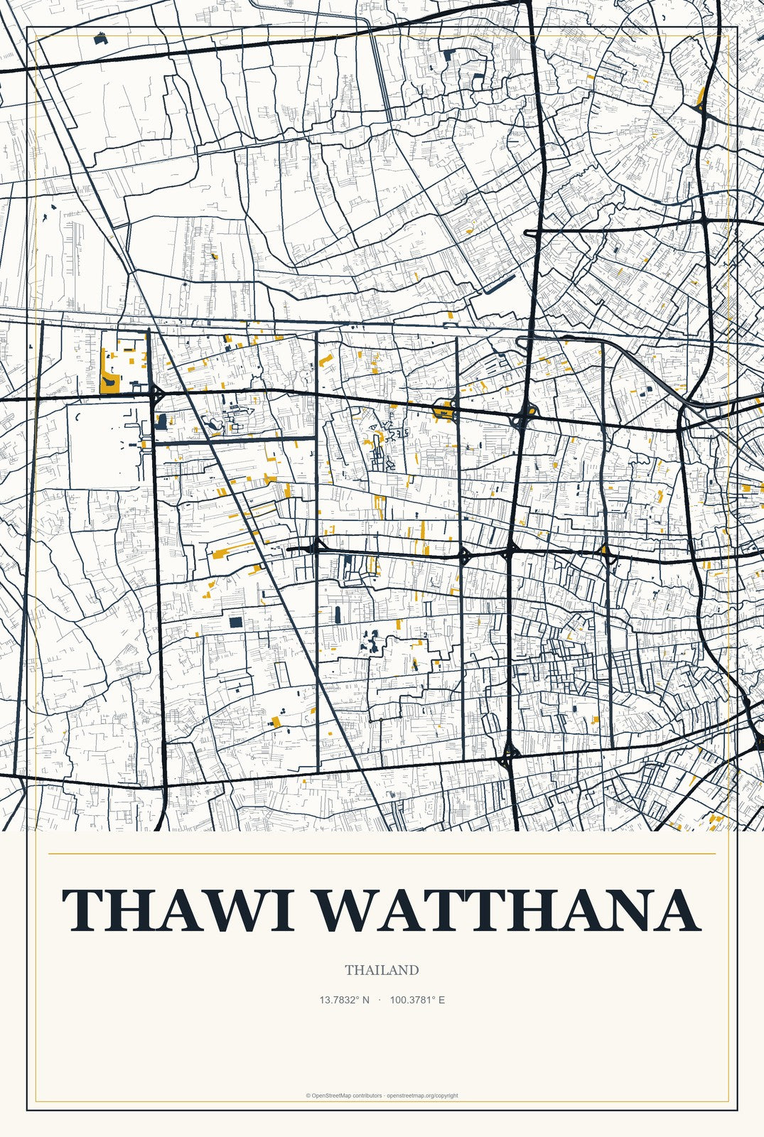 Thawi Watthana, Thailand City Map Aluminum Sign in Citrine Modern style