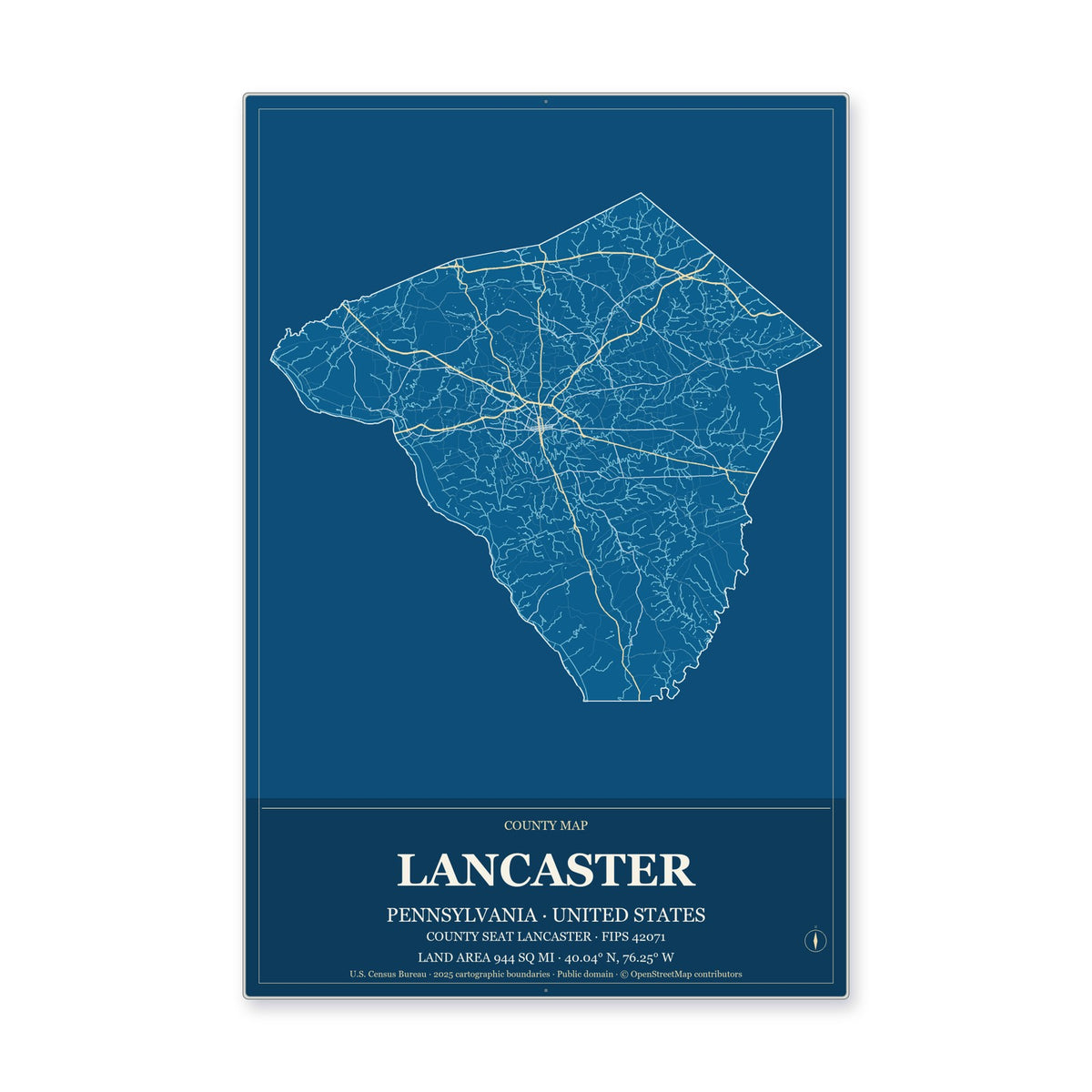 Lancaster County, Pennsylvania Map Aluminum Sign in Harbor Cobalt style