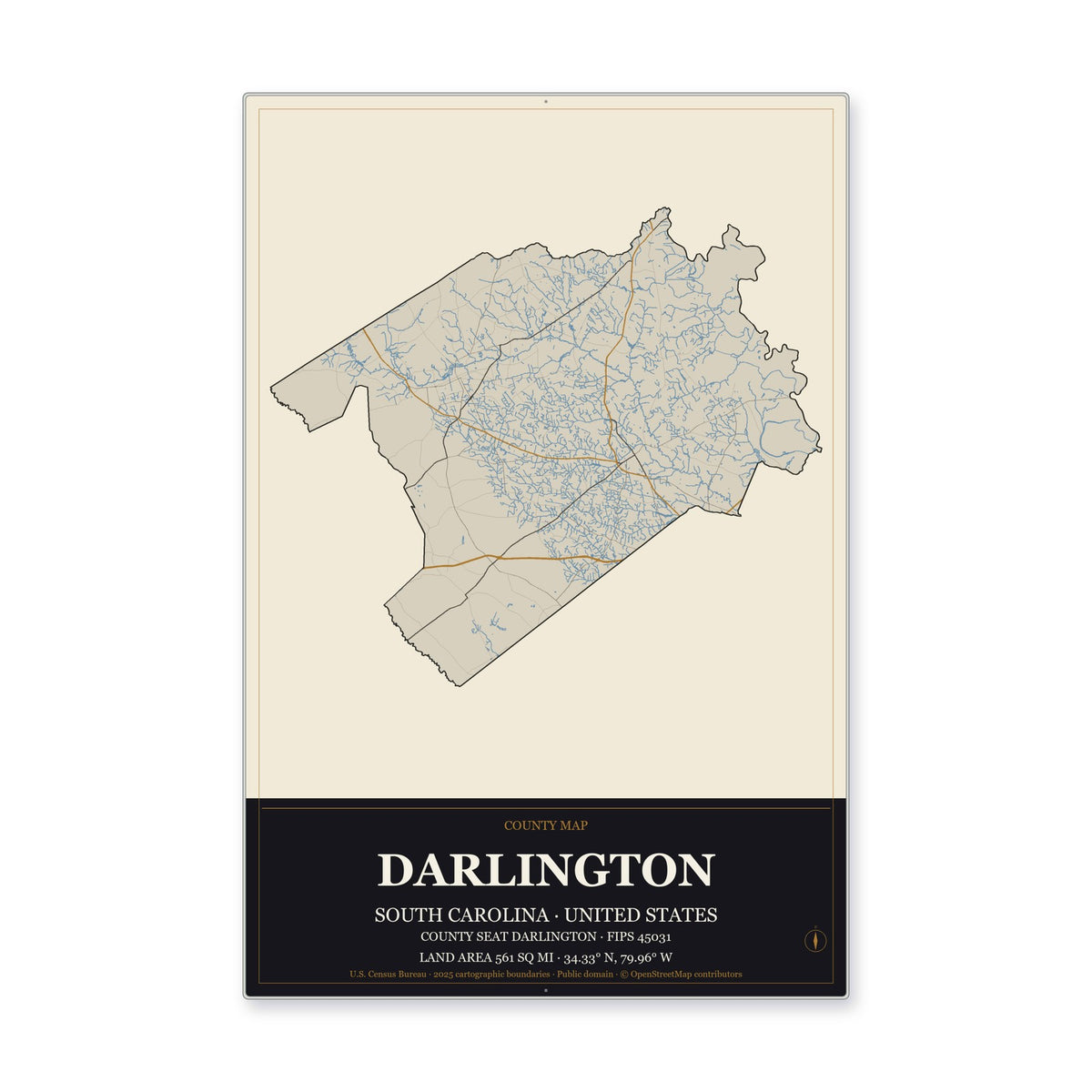 Darlington County, South Carolina Map Aluminum Sign in Museum Plaque style