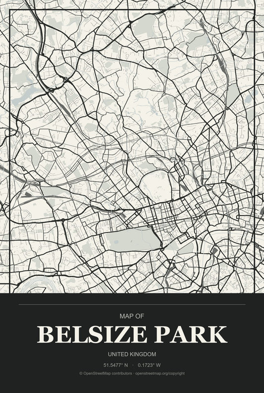 Belsize Park, United Kingdom City Map Aluminum Sign in Museum Plaque style