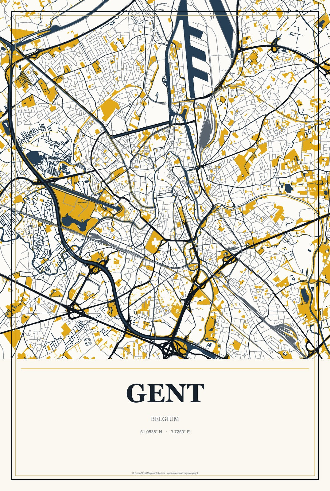 Gent, Belgium City Map Aluminum Sign in Citrine Modern style