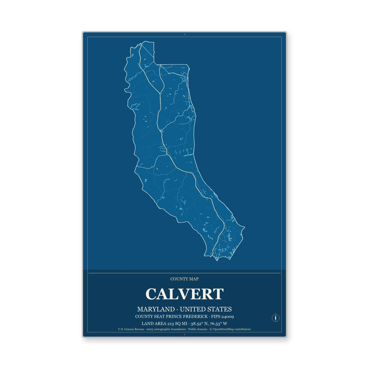Calvert County, Maryland Map Aluminum Sign in Harbor Cobalt style