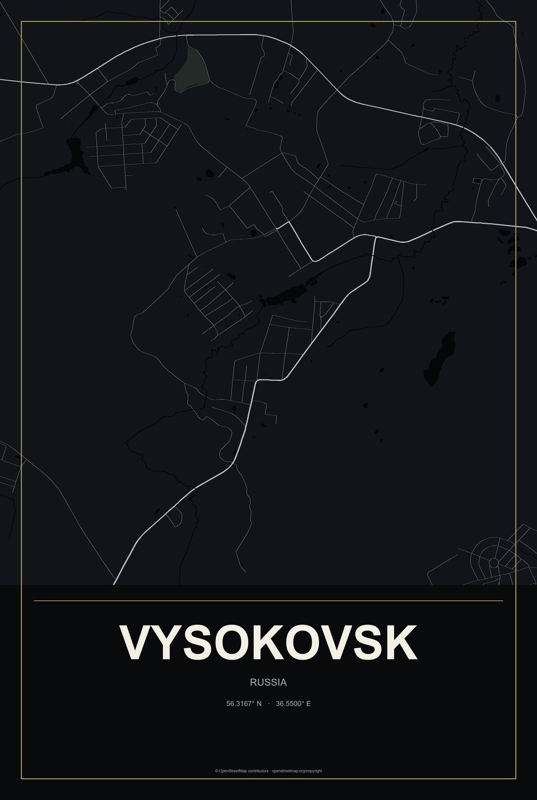 Vysokovsk, Russia City Map Aluminum Sign in Metropolitan Noir style