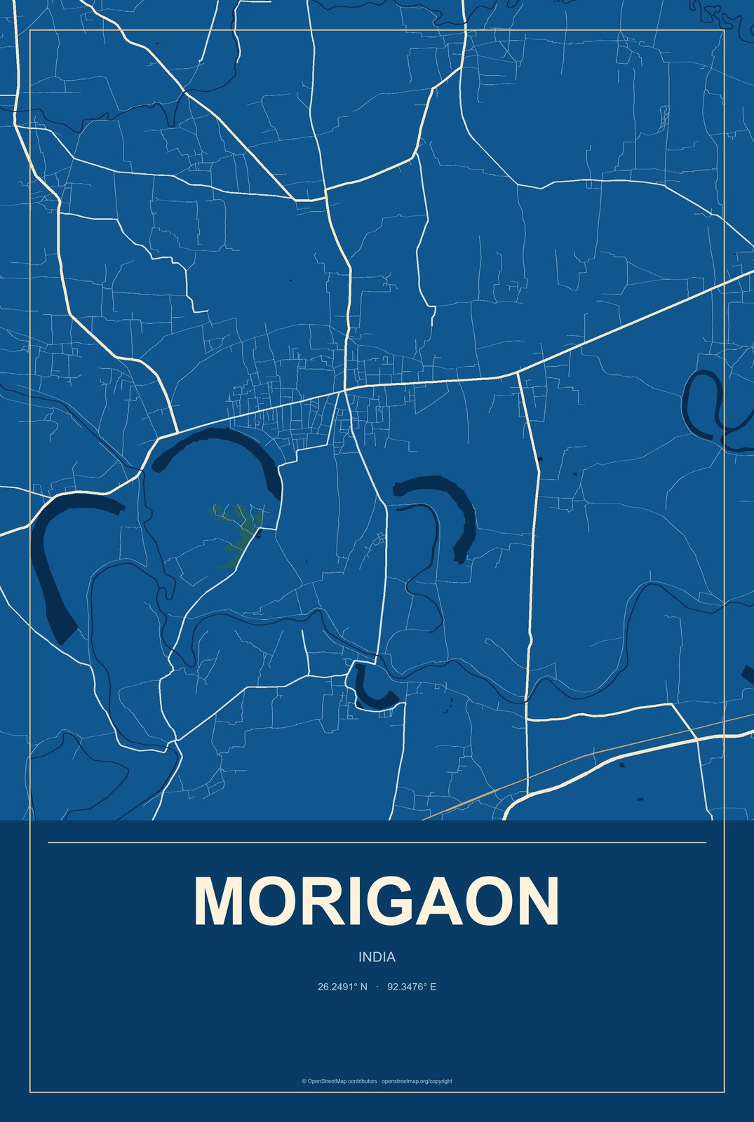 Morigaon, India City Map Aluminum Sign in Harbor Cobalt style