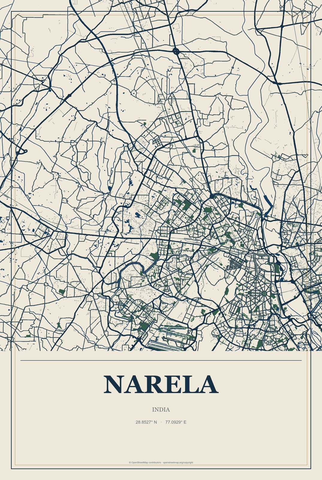 Narela, India City Map Aluminum Sign in Coastal Cutout style