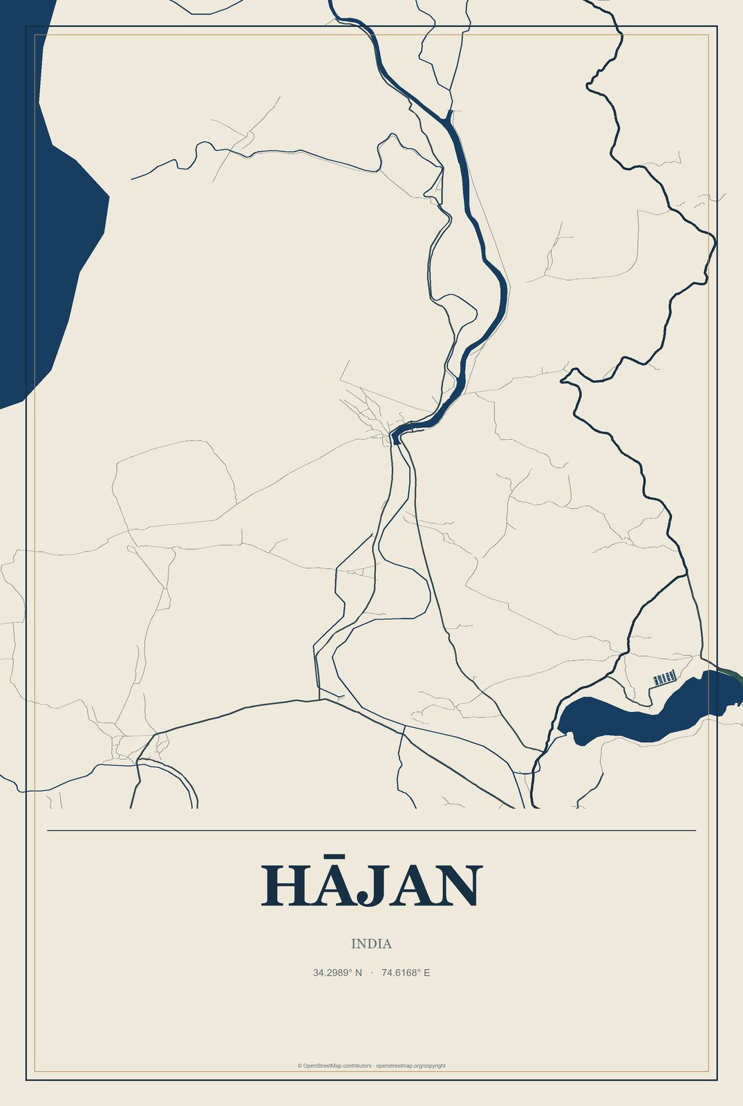 Hājan, India City Map Aluminum Sign in Coastal Cutout style
