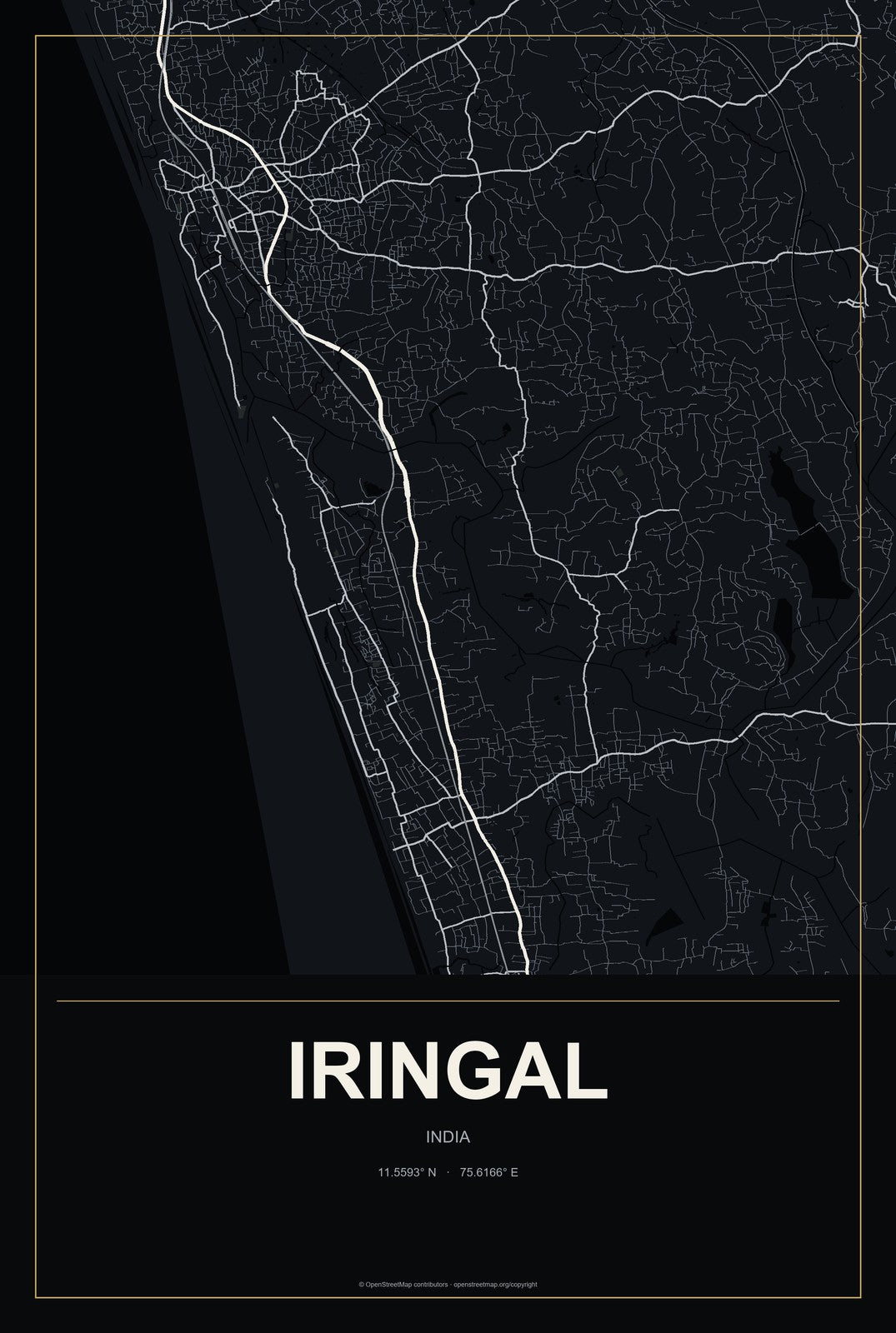 Iringal, India City Map Aluminum Sign in Metropolitan Noir style
