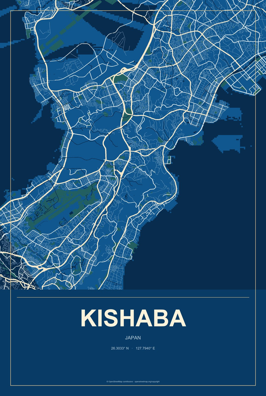 Kishaba, Japan City Map Aluminum Sign in Harbor Cobalt style