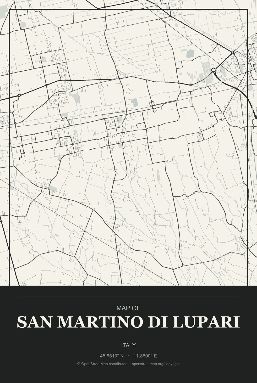 San Martino di Lupari, Italy City Map Aluminum Sign in Museum Plaque style
