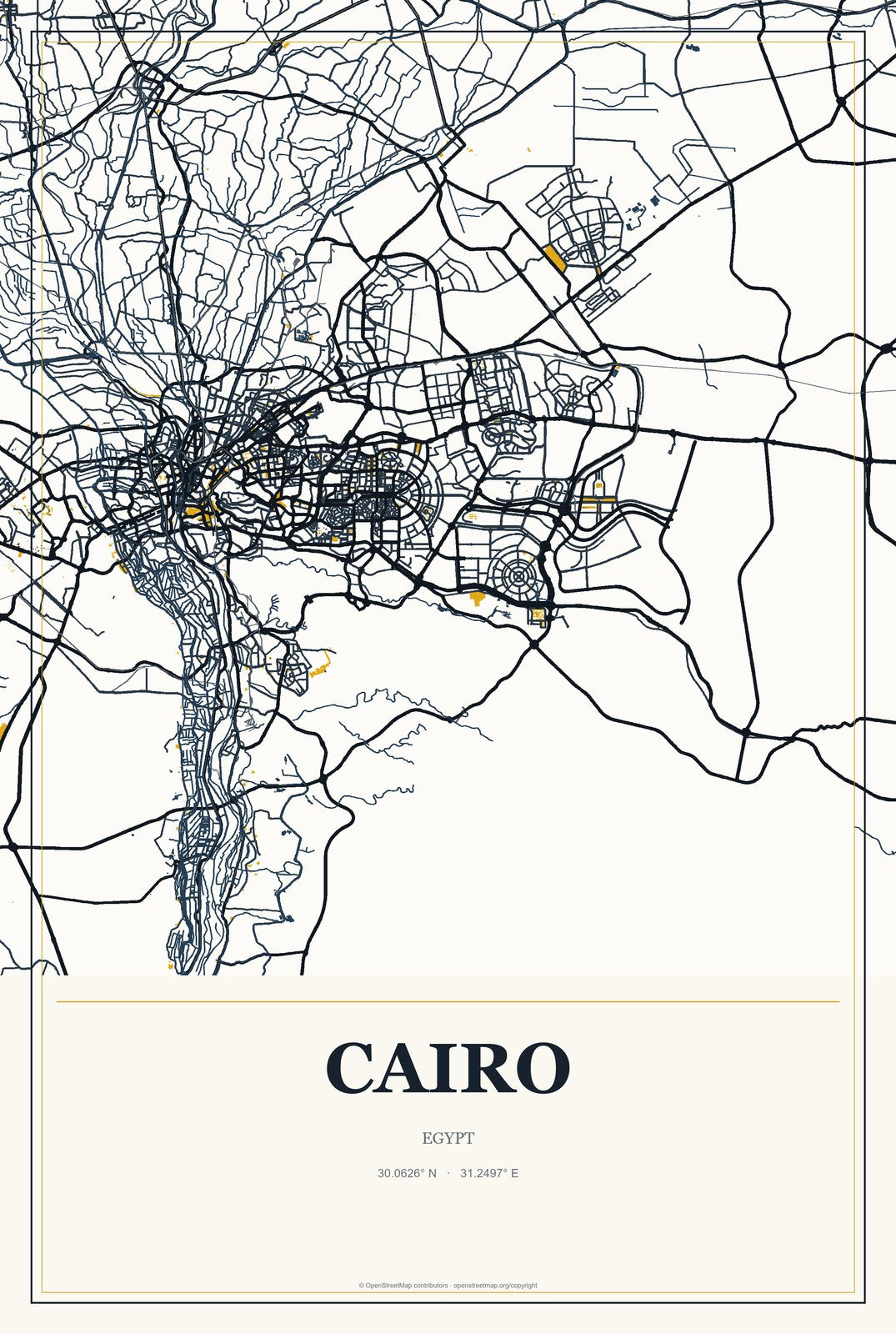 Cairo, Egypt City Map Aluminum Sign in Citrine Modern style